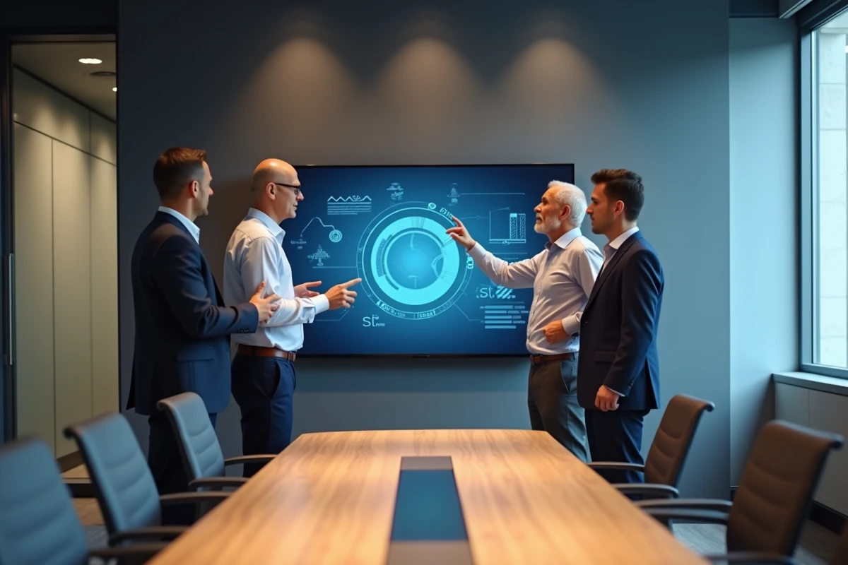 Équipe de direction analysant des indicateurs métier sur un écran mural interactif en salle de réunion