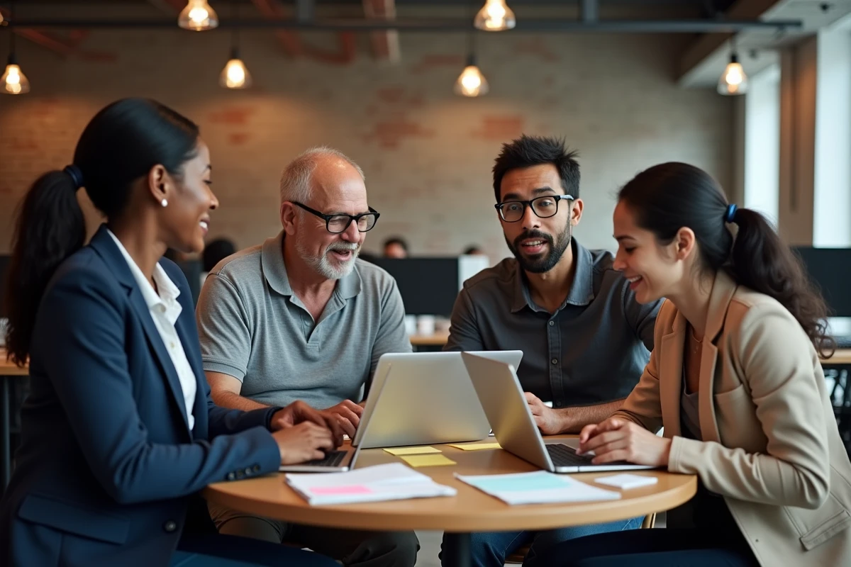 Équipe multiculturelle en réunion de travail dans un espace open-space d'entreprise technologique américaine, illustrant les dynamiques managériales modernes