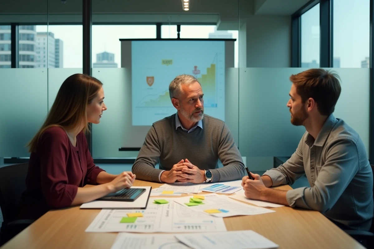 Équipe de PME en réunion stratégique autour d'un outil de gestion numérique pour la croissance