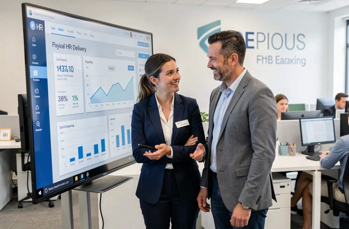 Deux professionnels RH analysant ensemble un logiciel de distribution numérique de bulletins de paie, illustrant les avantages de la digitalisation RH sur les coûts et l'efficacité