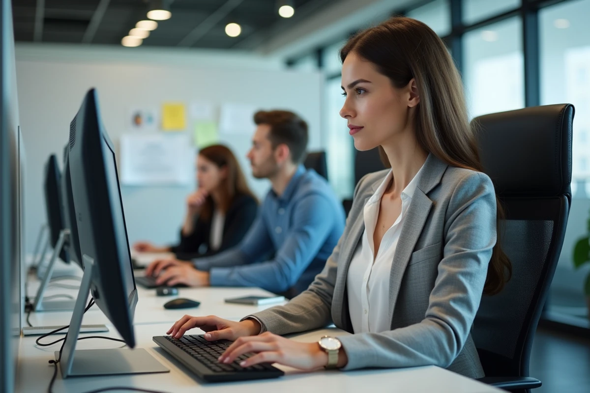 Femme concentrée essayant de résoudre un problème de connexion sur le portail Urbanweb dans un open space