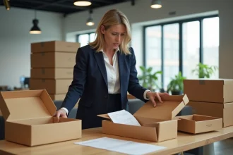 Professionnelle en blazer marine comparant des boîtes cadeaux rigides dans un bureau moderne, erreurs de sélection fournisseur