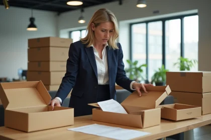 Professionnelle en blazer marine comparant des boîtes cadeaux rigides dans un bureau moderne, erreurs de sélection fournisseur