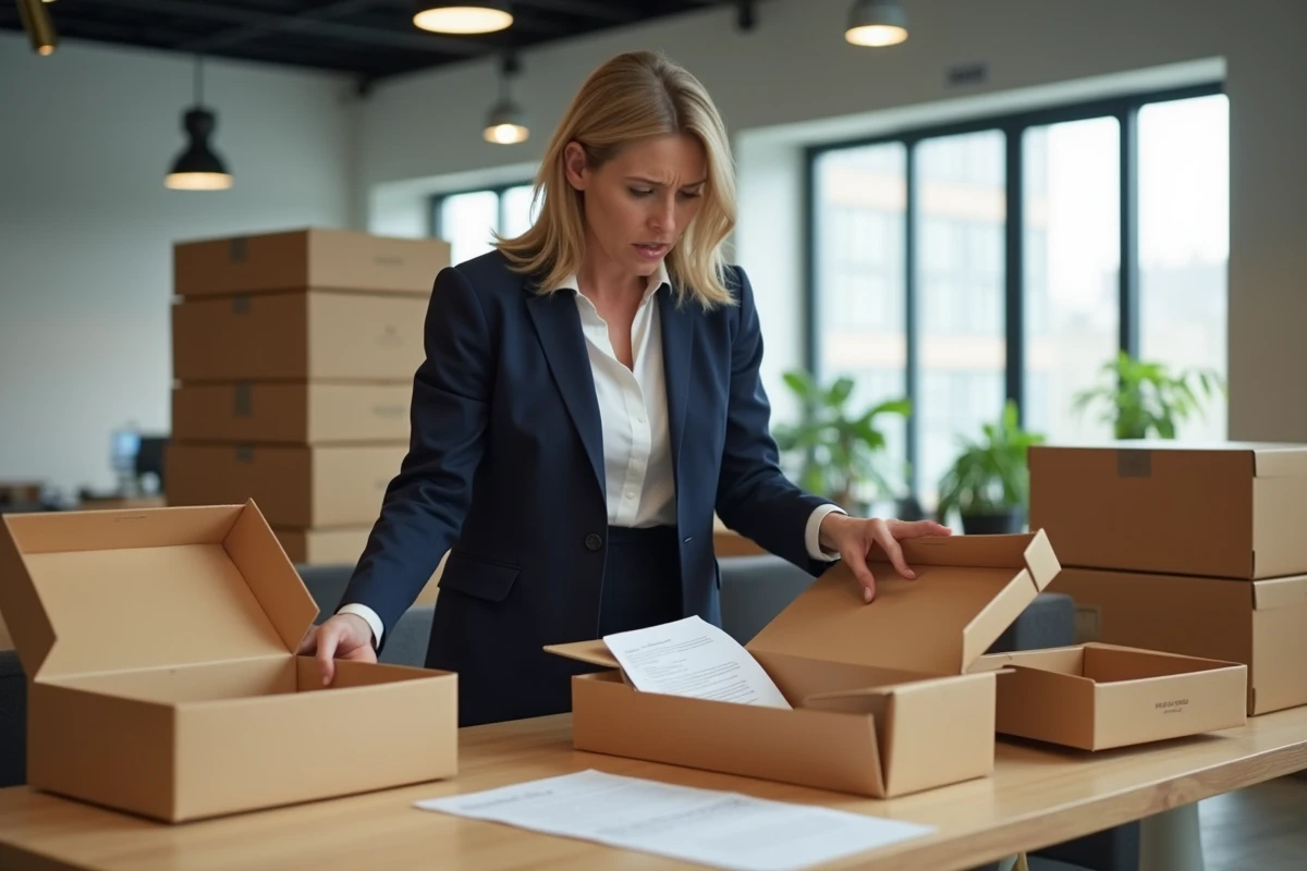 Professionnelle en blazer marine comparant des boîtes cadeaux rigides dans un bureau moderne, erreurs de sélection fournisseur