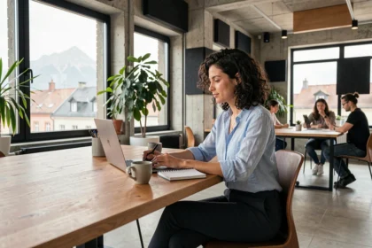 Femme travaillant dans un espace de coworking moderne à Grenoble avec vue sur les montagnes
