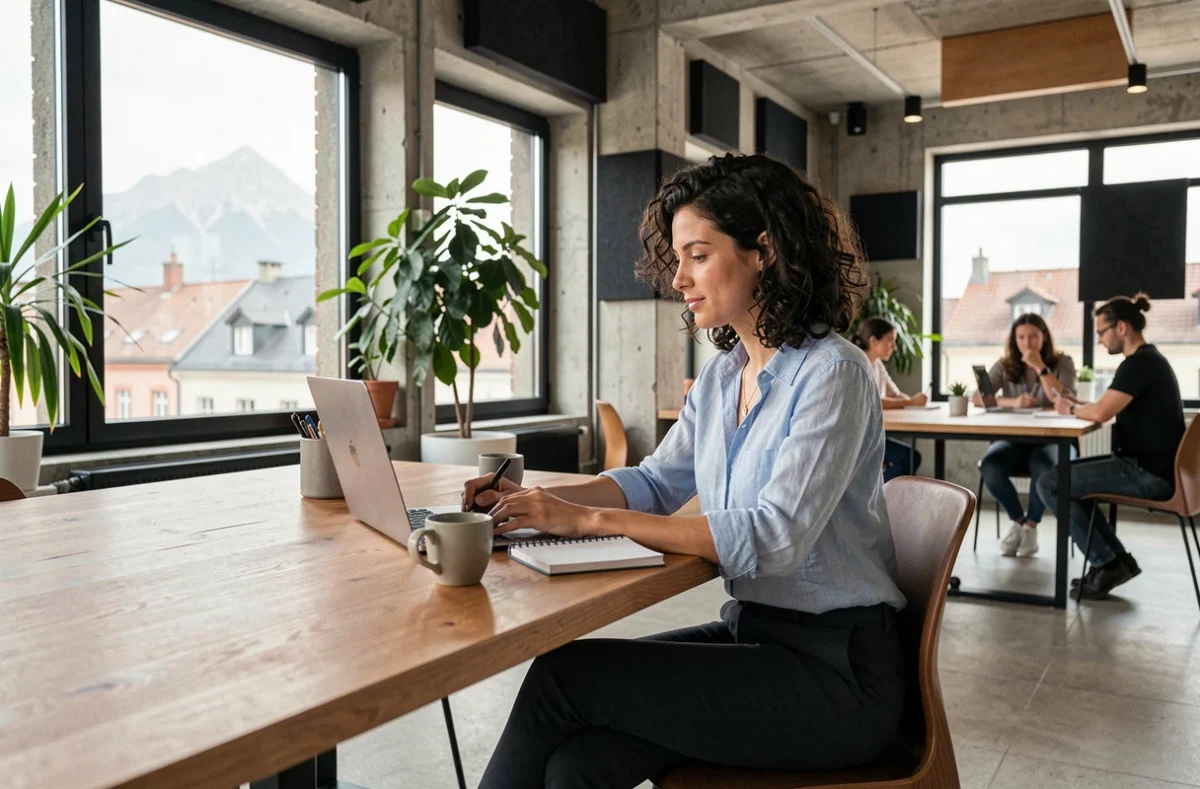 Femme travaillant dans un espace de coworking moderne à Grenoble avec vue sur les montagnes