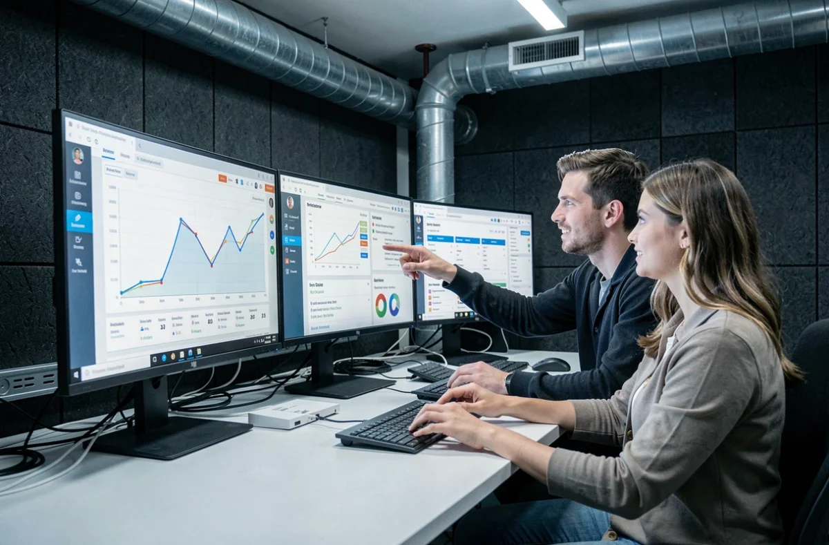 Deux professionnels de l'agence Exerg analysant des rapports d'audit SEO technique sur plusieurs écrans