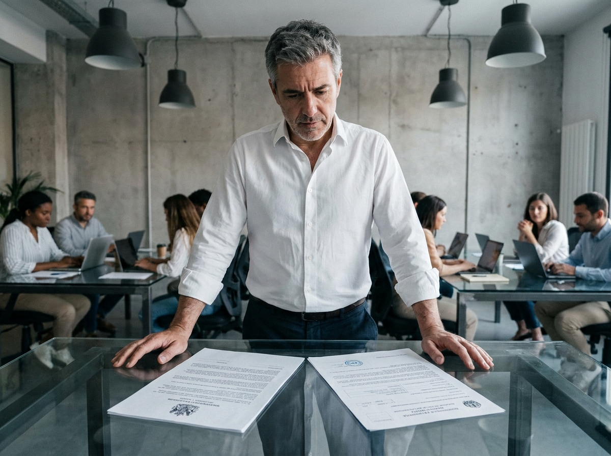 Homme expatrié en chemise blanche comparant des documents fiscaux de plusieurs pays dans un espace de coworking contemporain