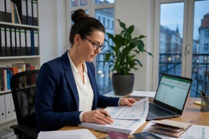 Expatriée en blazer marine analysant des formulaires fiscaux internationaux dans un bureau à domicile moderne avec vue sur une ville européenne