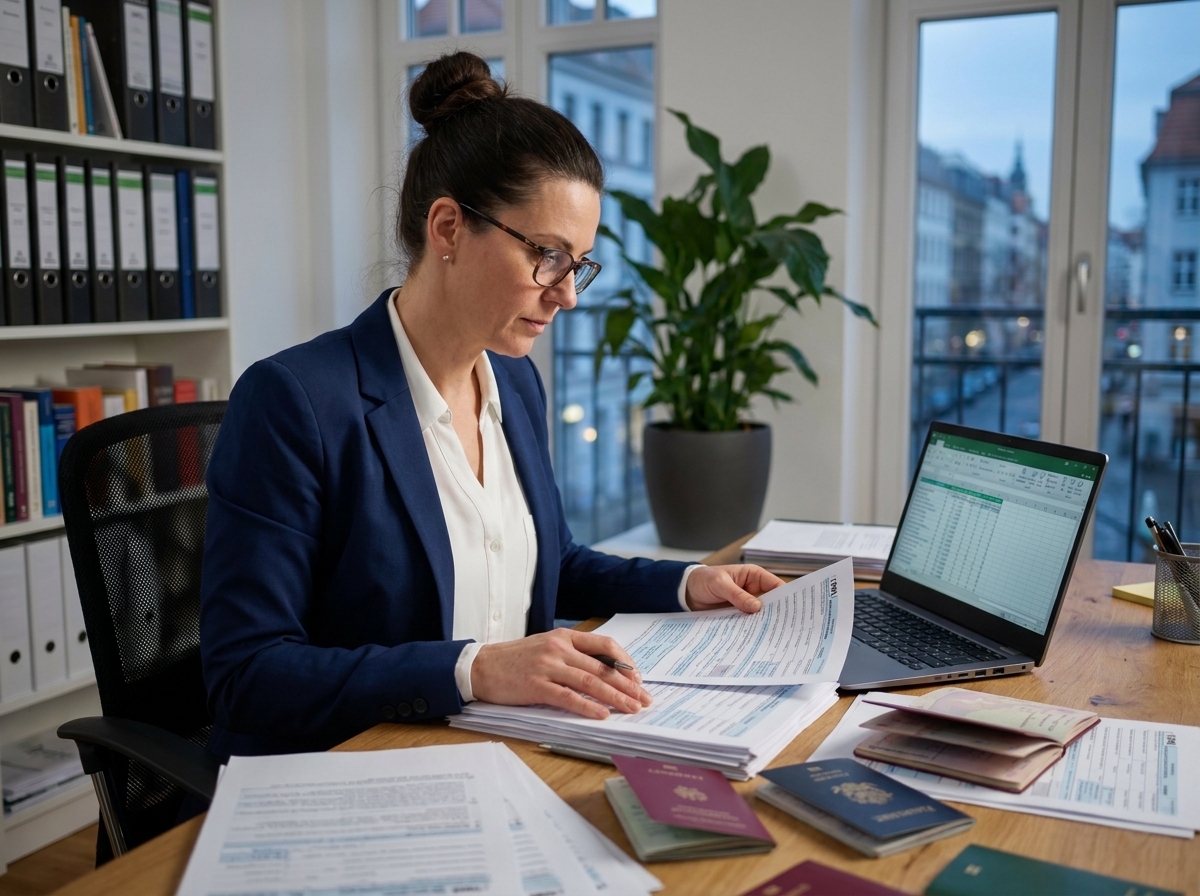 Expatriée en blazer marine analysant des formulaires fiscaux internationaux dans un bureau à domicile moderne avec vue sur une ville européenne