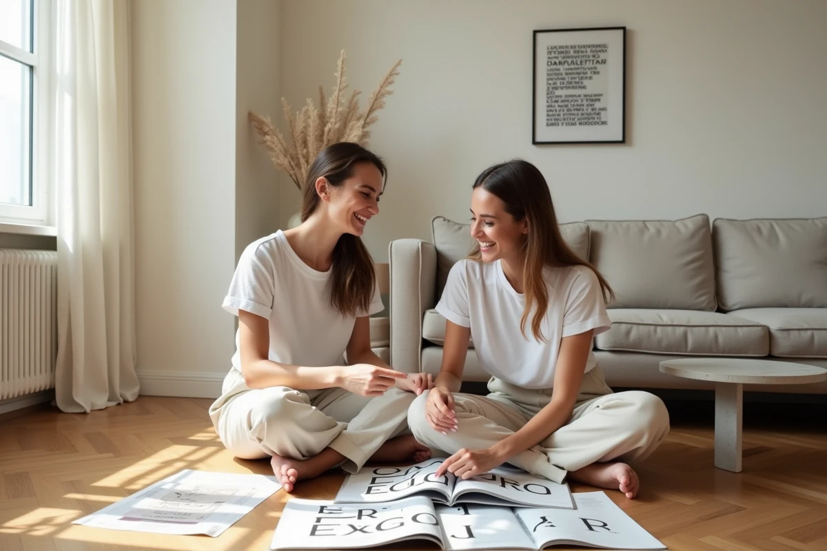Deux femmes explorant ensemble des répertoires de marques françaises dans un appartement minimaliste