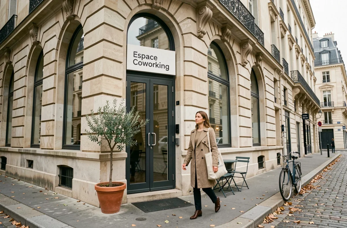 Façade extérieure d'un espace de coworking dans une rue historique de Niort avec une femme entrant dans le bâtiment