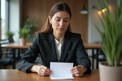 Femme d affaires posant une carte de condoleances sur un bureau