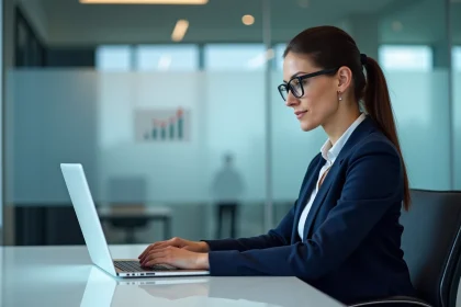Femme d'affaires en bureau moderne regardant des tableaux de bord