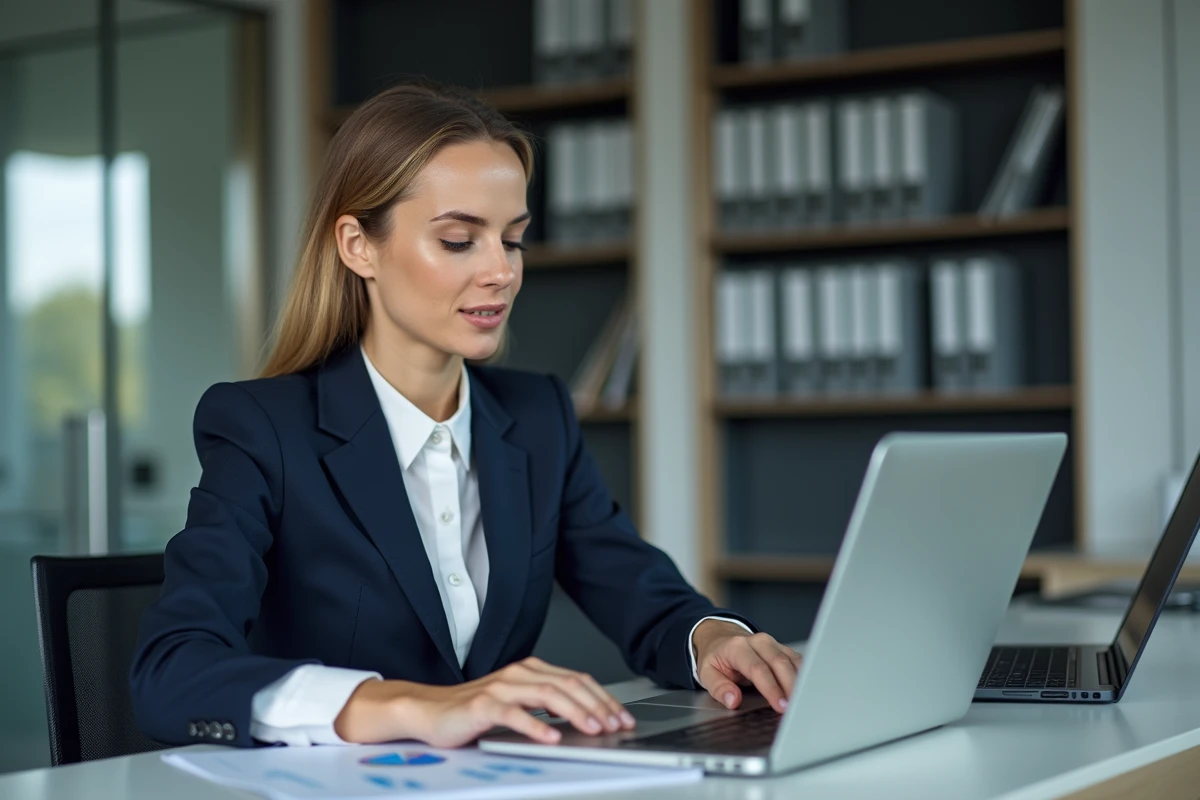 Femme d'affaires en costume bleu analysant des graphiques financiers