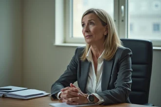 Femme d'affaires pensive dans un bureau modeste