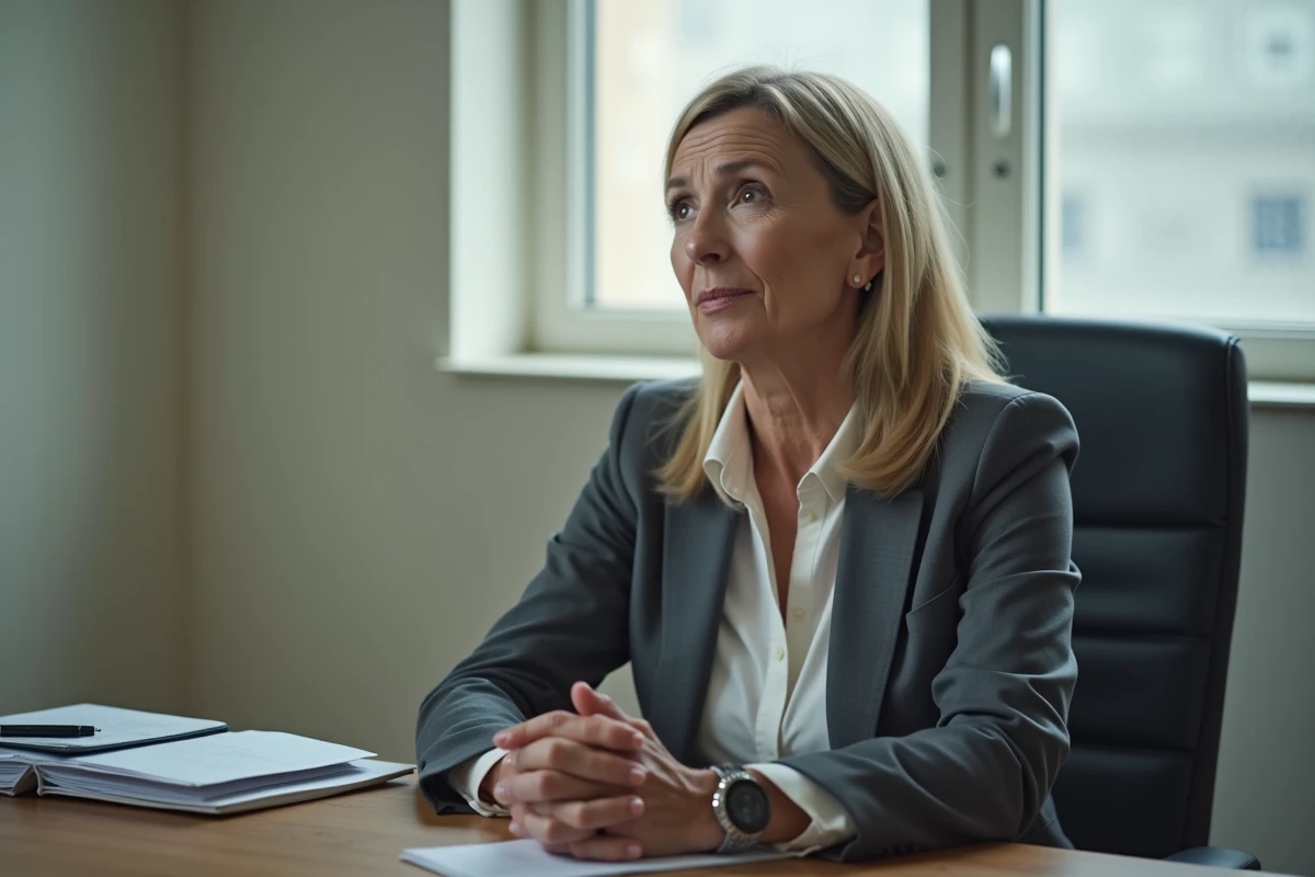 Femme d'affaires pensive dans un bureau modeste