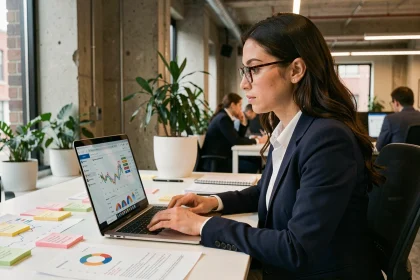 Femme professionnelle analysant des données SEO et des graphiques de performance sur un ordinateur portable dans un bureau moderne