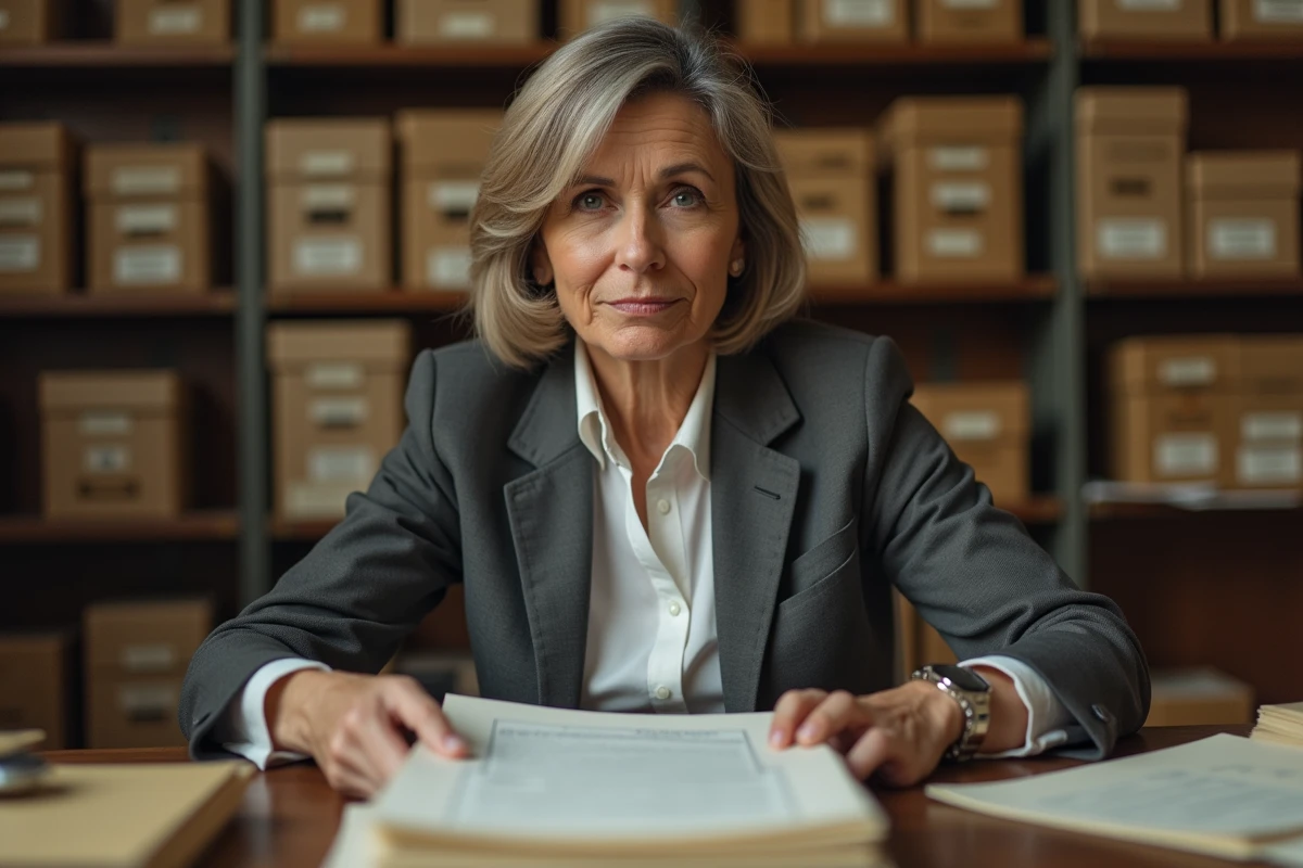 Femme d'âge moyen examinant des documents d'archives