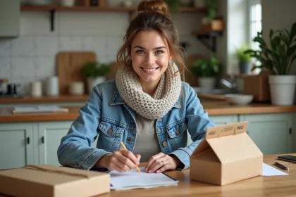 Jeune femme assemble des colis dans une cuisine lumineuse