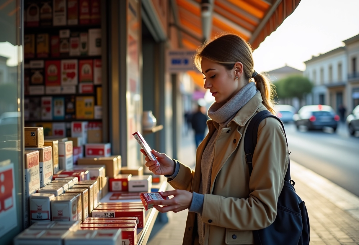 Jeune femme achetant des cigarettes dans un kiosque