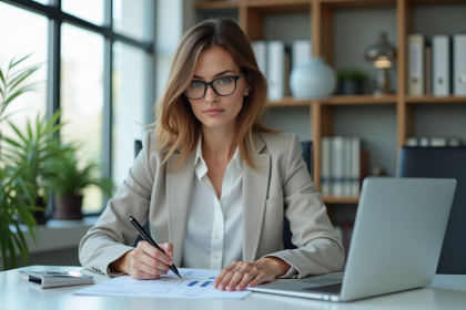 Femme d affaires concentrée au bureau avec papiers et ordinateur