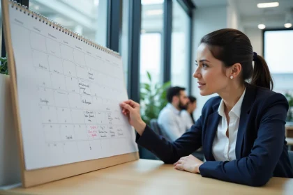 Femme en bureau consultant un calendrier 2026 pour planifier les jours ouvrables et congés