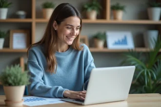 Femme souriante dans son espace de travail à domicile