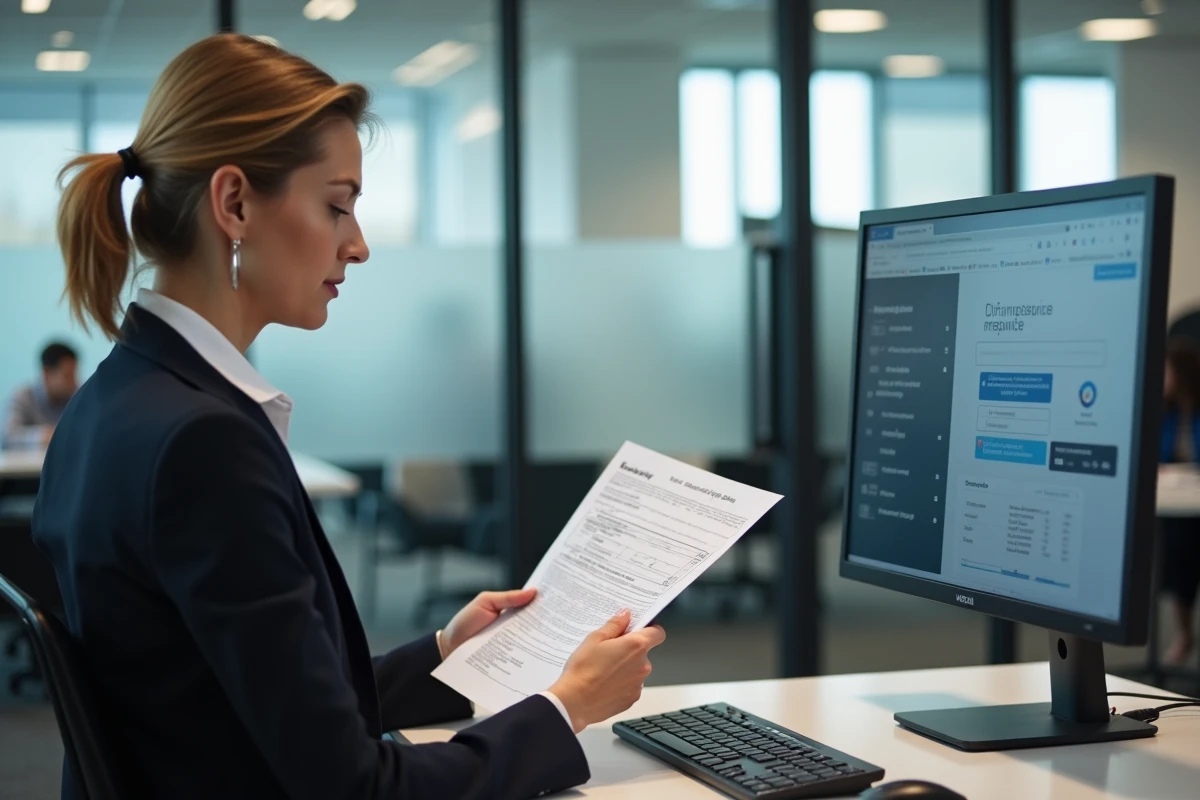 Femme consultant un document fiscal officiel devant un écran d'ordinateur dans un bureau administratif professionnel