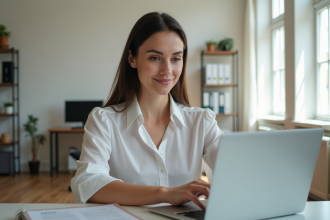 Femme en tenue professionnelle dans un bureau à domicile