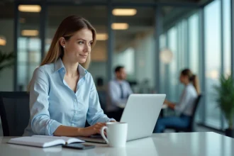 Femme professionnelle travaillant sur un ordinateur dans un bureau moderne
