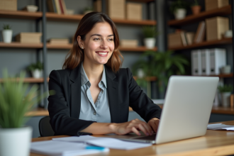 Femme professionnelle au bureau avec ordinateur portable
