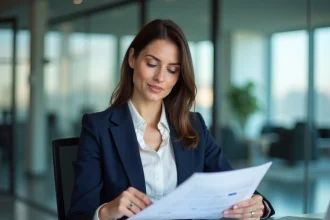 Femme cadre analyste les coûts d'exploitation sur ordinateur portable dans un bureau moderne