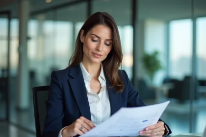 Femme cadre analyste les coûts d'exploitation sur ordinateur portable dans un bureau moderne
