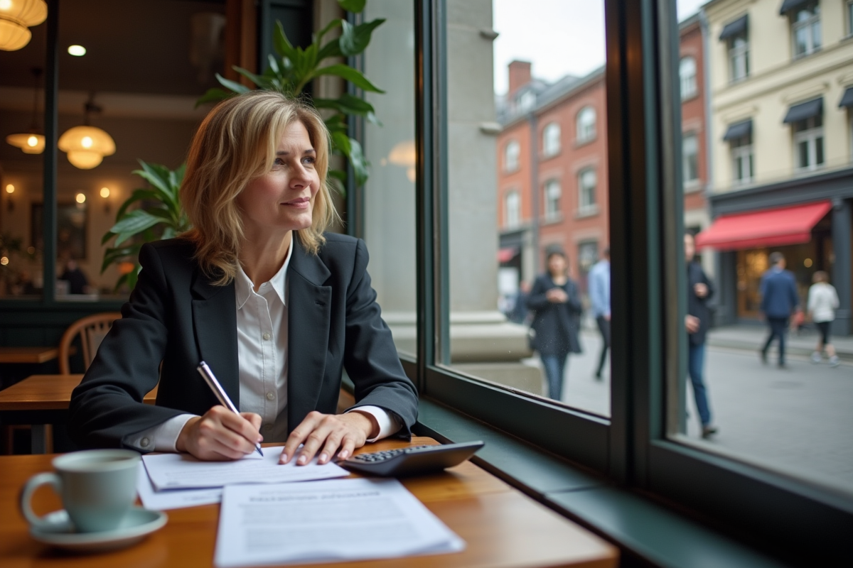 Femme au café vérifiant des documents Urssaf et prenant des notes