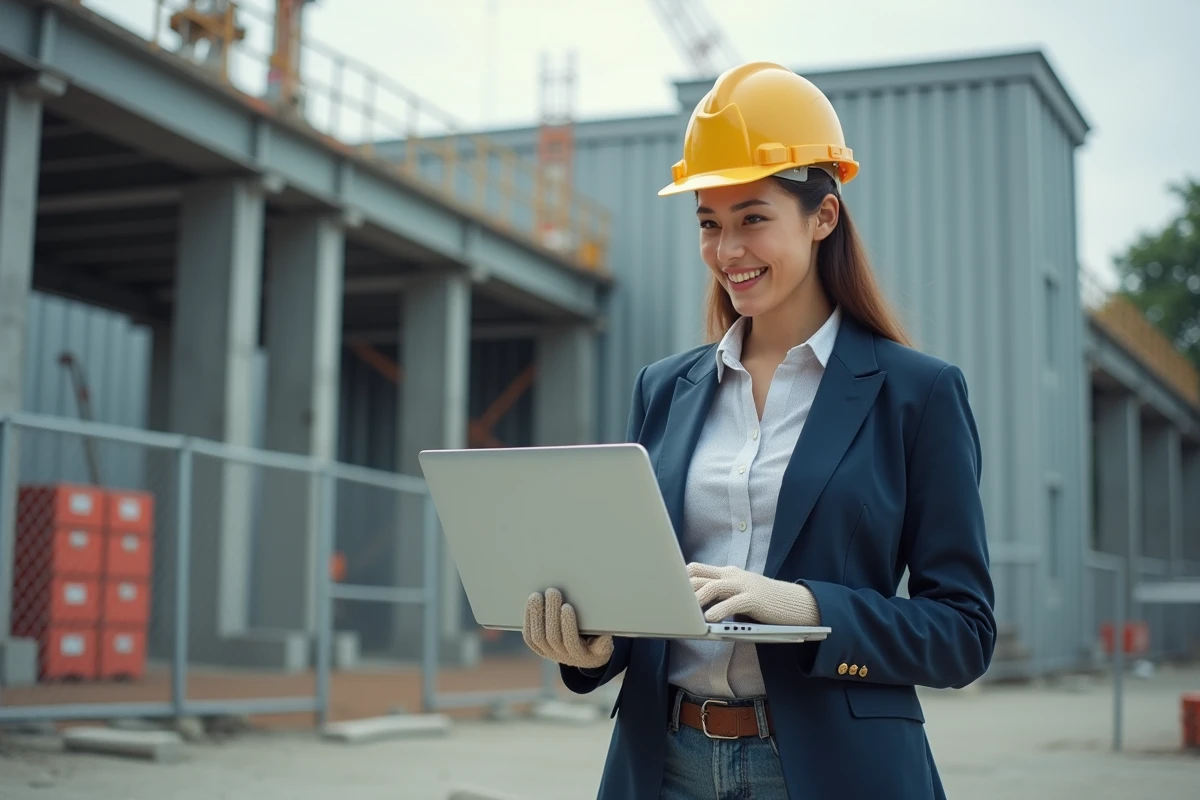 Jeune femme en casque de s&eacute;curit&eacute; sur un chantier