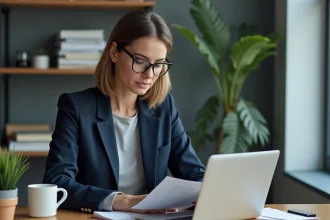 Femme comptable vérifiant une facture numérique sur ordinateur portable dans un bureau de petite entreprise