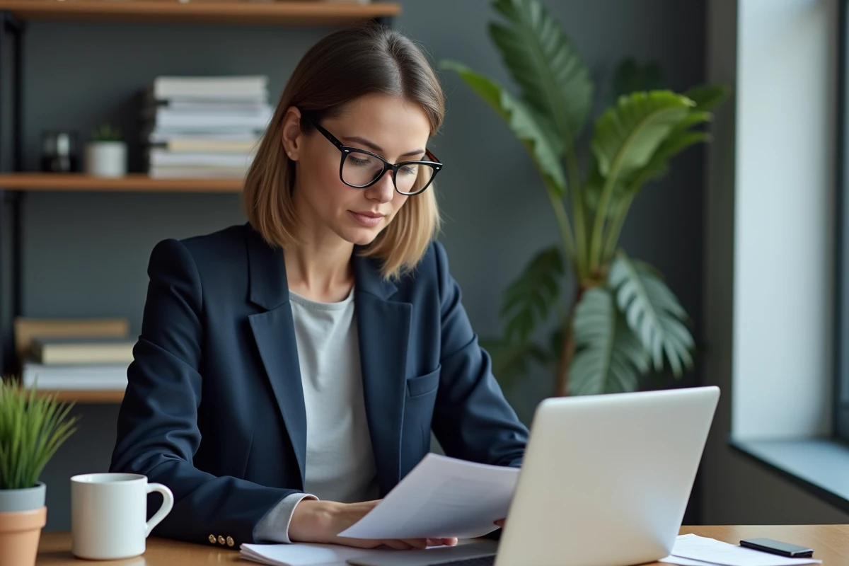 Femme comptable vérifiant une facture numérique sur ordinateur portable dans un bureau de petite entreprise