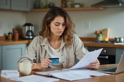 Femme d age moyen consulte ses comptes en cuisine