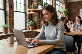 Femme travaillant sur son ordinateur portable dans un espace de coworking moderne à Niort avec murs en briques apparentes