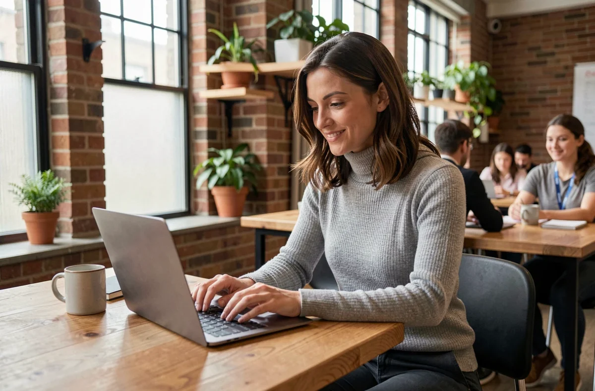 Femme travaillant sur son ordinateur portable dans un espace de coworking moderne à Niort avec murs en briques apparentes