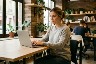 Femme travaillant dans un espace de coworking moderne à Saintes, assise à un bureau en bois avec un ordinateur portable