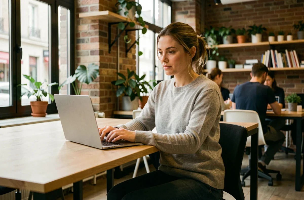 Femme travaillant dans un espace de coworking moderne à Saintes, assise à un bureau en bois avec un ordinateur portable