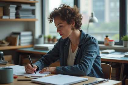 Femme créative assise à son bureau en pleine réflexion