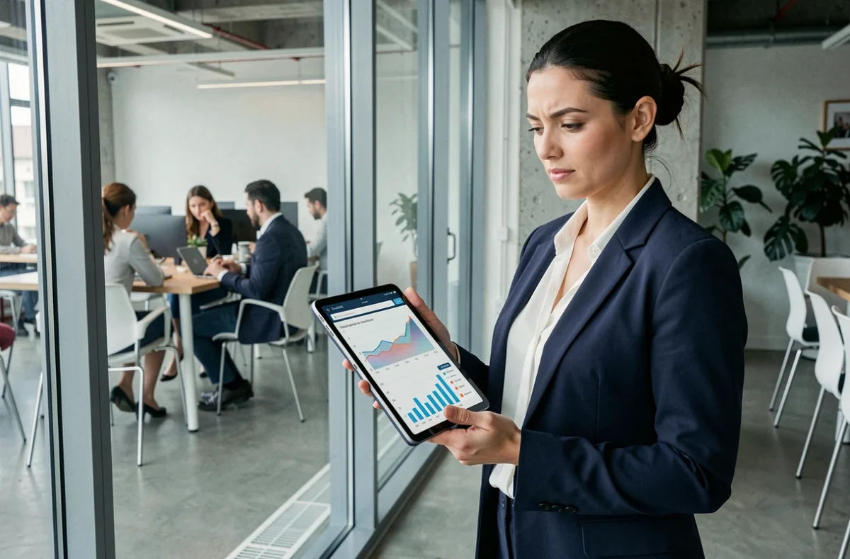 Future dirigeante d'entreprise consultant un simulateur de revenu sur tablette dans un espace de coworking moderne