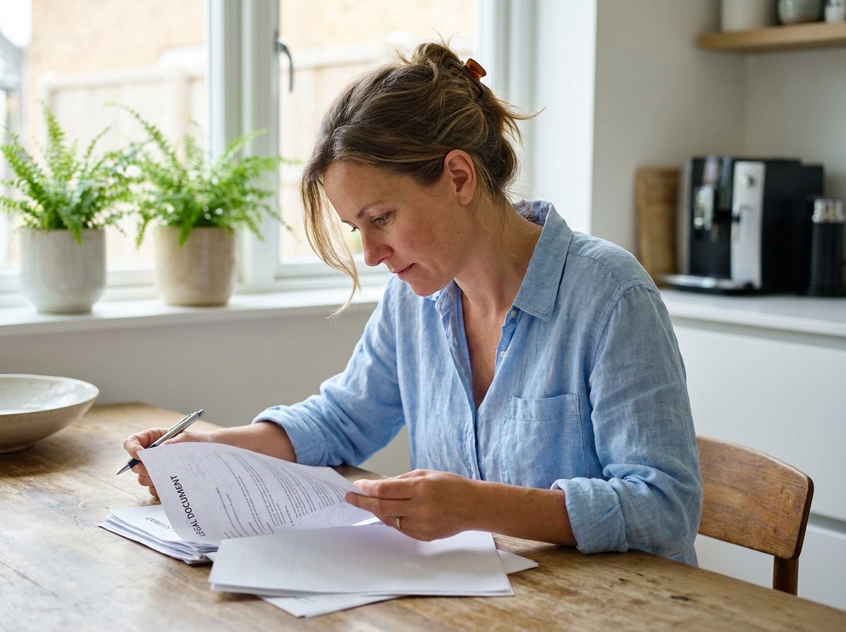 Une femme seule à une table de cuisine examine attentivement des documents juridiques liés à une procédure de divorce par consentement mutuel.