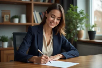 Femme écrivant une lettre de remerciement dans un bureau calme