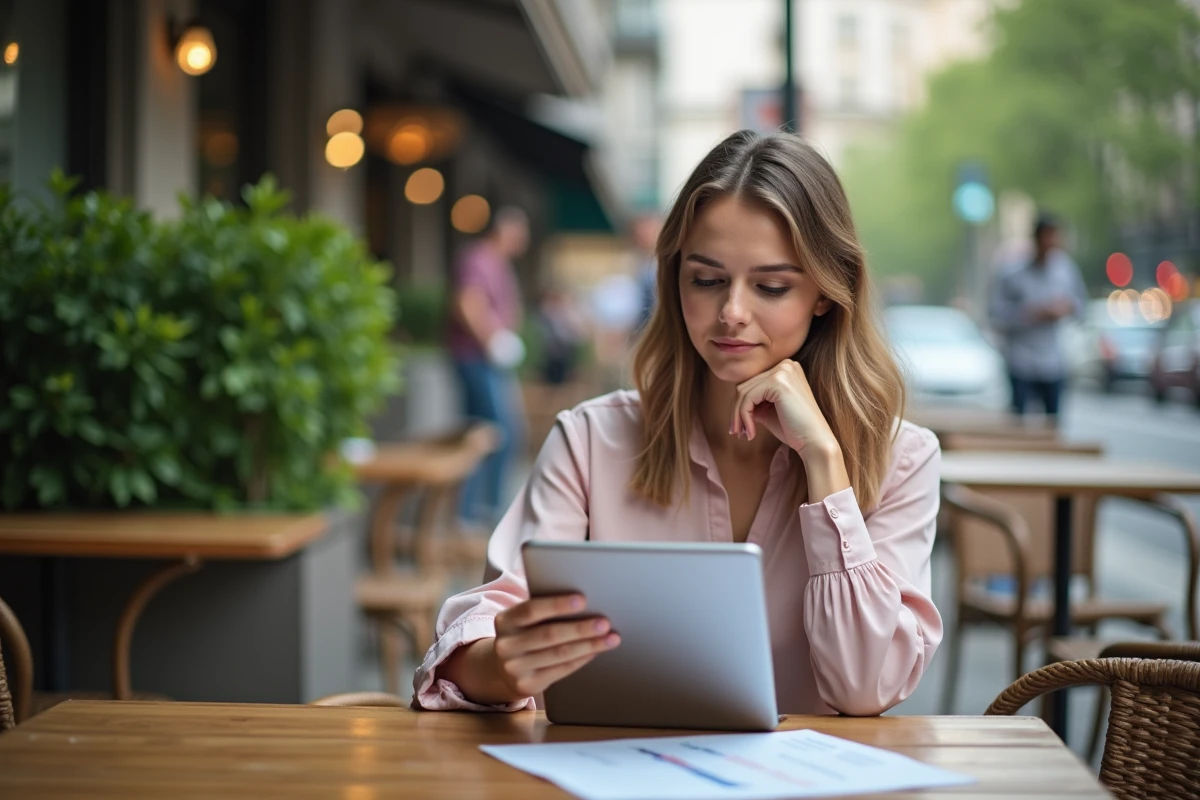 Femme détendue consultat des rapports financiers au café