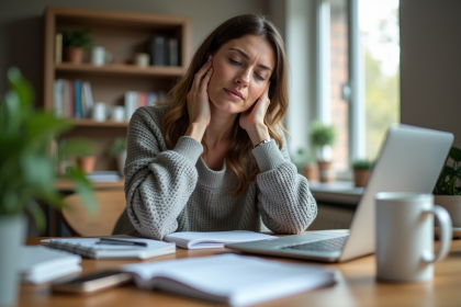 Femme fatiguée travaillant à domicile dans un bureau encombré