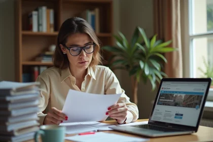 Femme indépendante consultant des documents administratifs pour sa première activité à son bureau à domicile